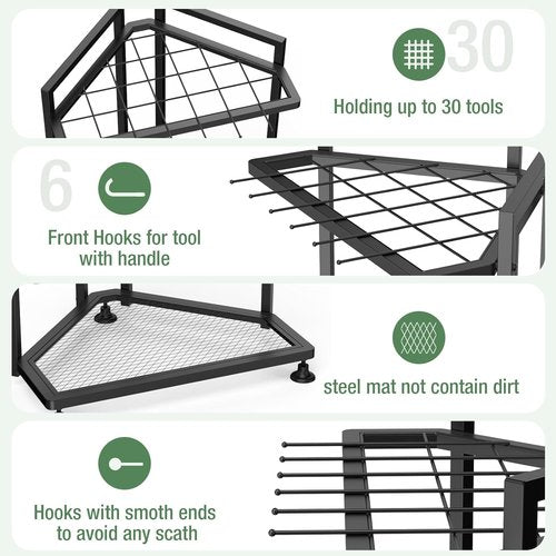 Metal Yard Tool Organizer by [Brand Name] - Heavy-Duty Storage Rack for Long-Handled Tools | Corner Design with Side Pocket