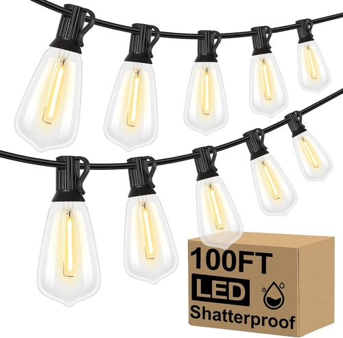 Brightever LED Outdoor String Lights - 100FT Patio Lights with 52 Shatterproof Vintage Bulbs | Waterproof & Dimmable for Garden, Deck, Balcony