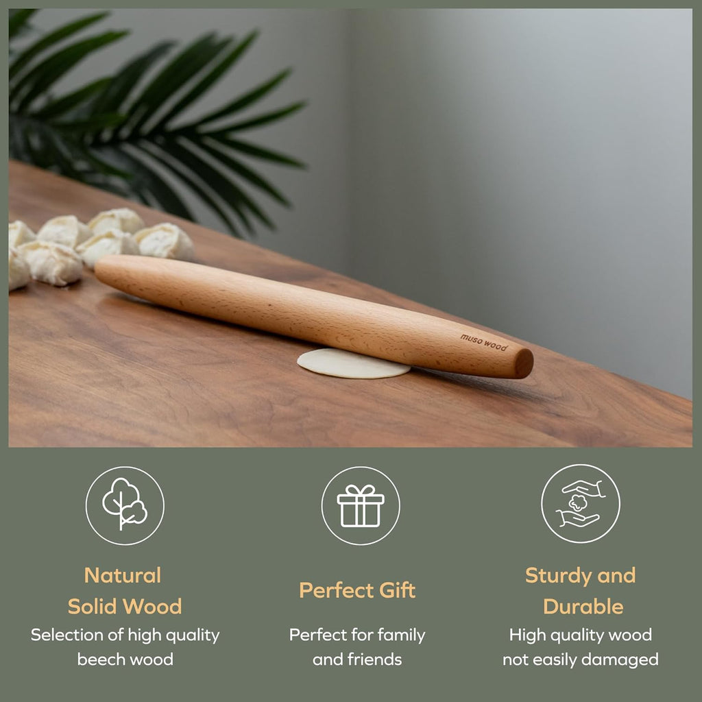 Muso Wood French Rolling Pin - Beech Wood Tapered Design for Baking | 15.75-Inch for Pastry & Cookies