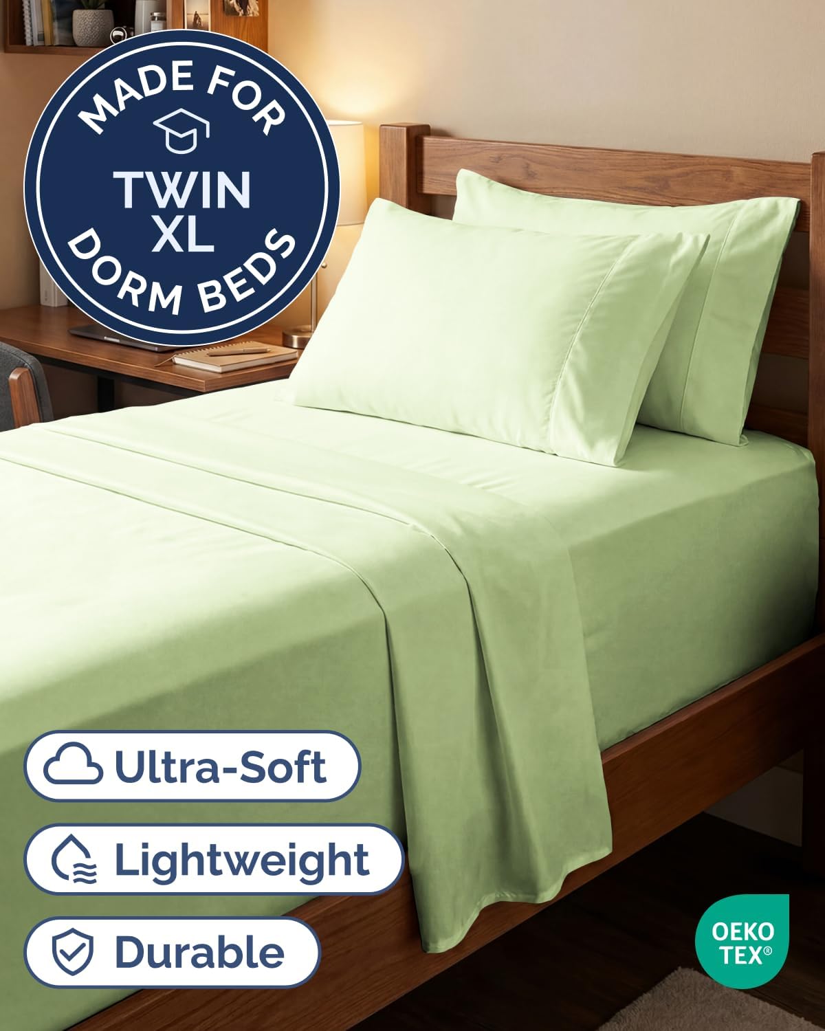 Skiennix Extra Deep Twin XL Sheet Set - 4-Piece Breathable Cooling Bedding - Soft, Wrinkle-Free Light Sage