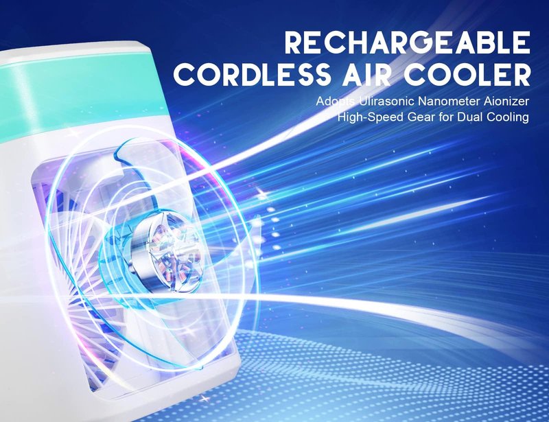 Rechargeable Portable Air Conditioner, 2200mAh 3 Powerful Speeds Mini Air Conditioner, Large Water Tank Evaporative Air Cooler, Personal Space Cooler Humidifier, Small Portable AC Fan for Home