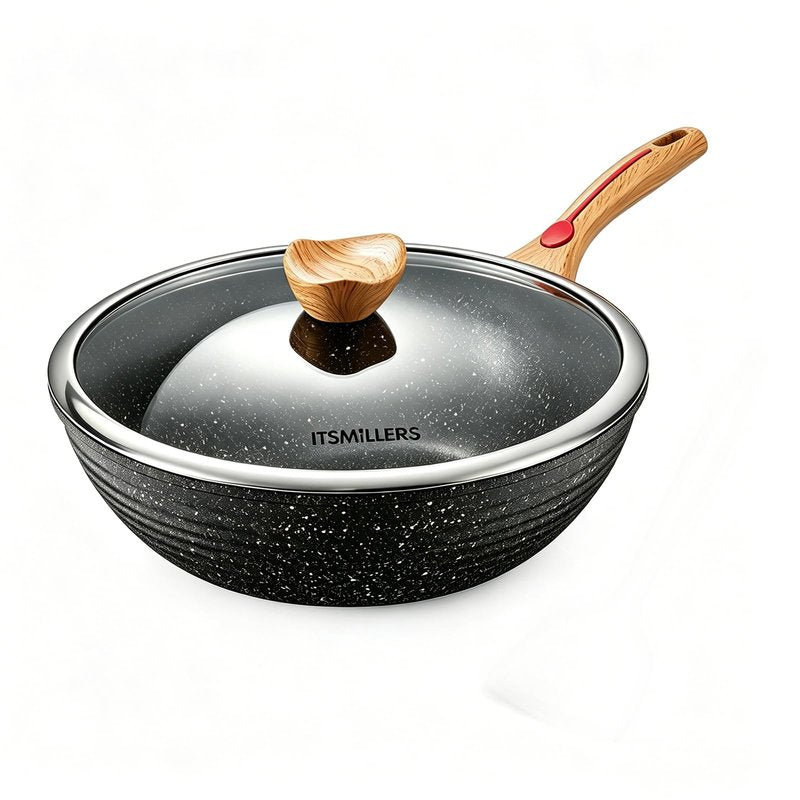 ITSMILLERS Nonstick Wok Aluminium Die-casting Chinese Wok, Scratch Resistant With Lid and Spatula, PFOA-Free, Dishwasher Safe & Induction Bottom,11.8 Inch,5QT,Large Capacity