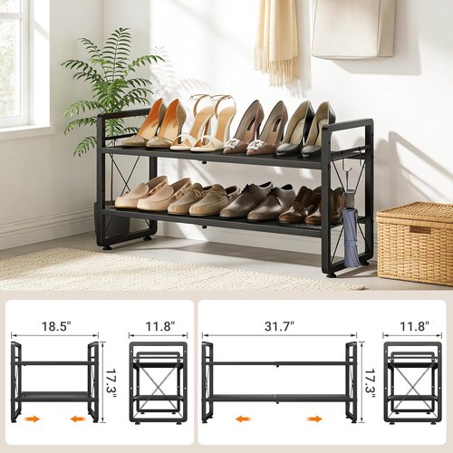 ELYKEN Shoe Rack - 2-Tier Expandable Organizer with 4 Hooks | Metal Black Shelf for Entryway & Closet