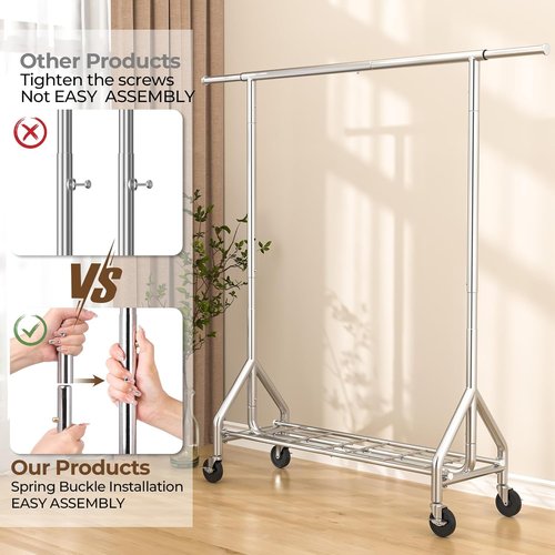HYSEYY Heavy Duty Clothes Rack - 450 LBS Capacity Metal Garment Rack with Wheels & Shelves | Portable Silver Wardrobe