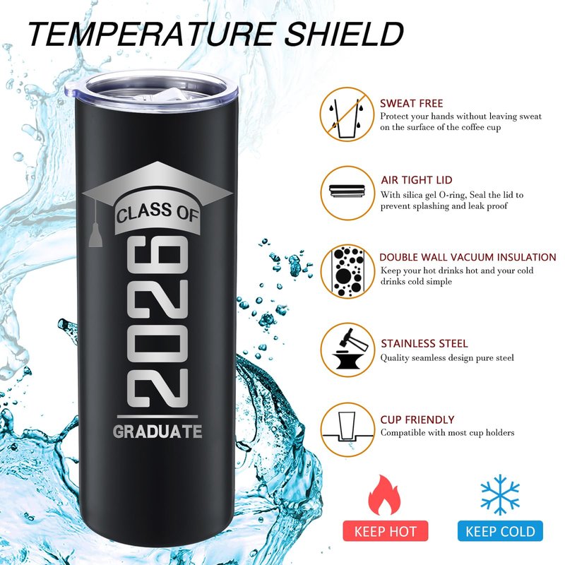 Patelai 4 Pcs Graduation Gift Bulk Class of 2026 Tumbler Cups 20oz Water Bottle with Lid Straw Brush Congrats Grad Graduate Gift for Him Her Grad Party Favor(Balck)