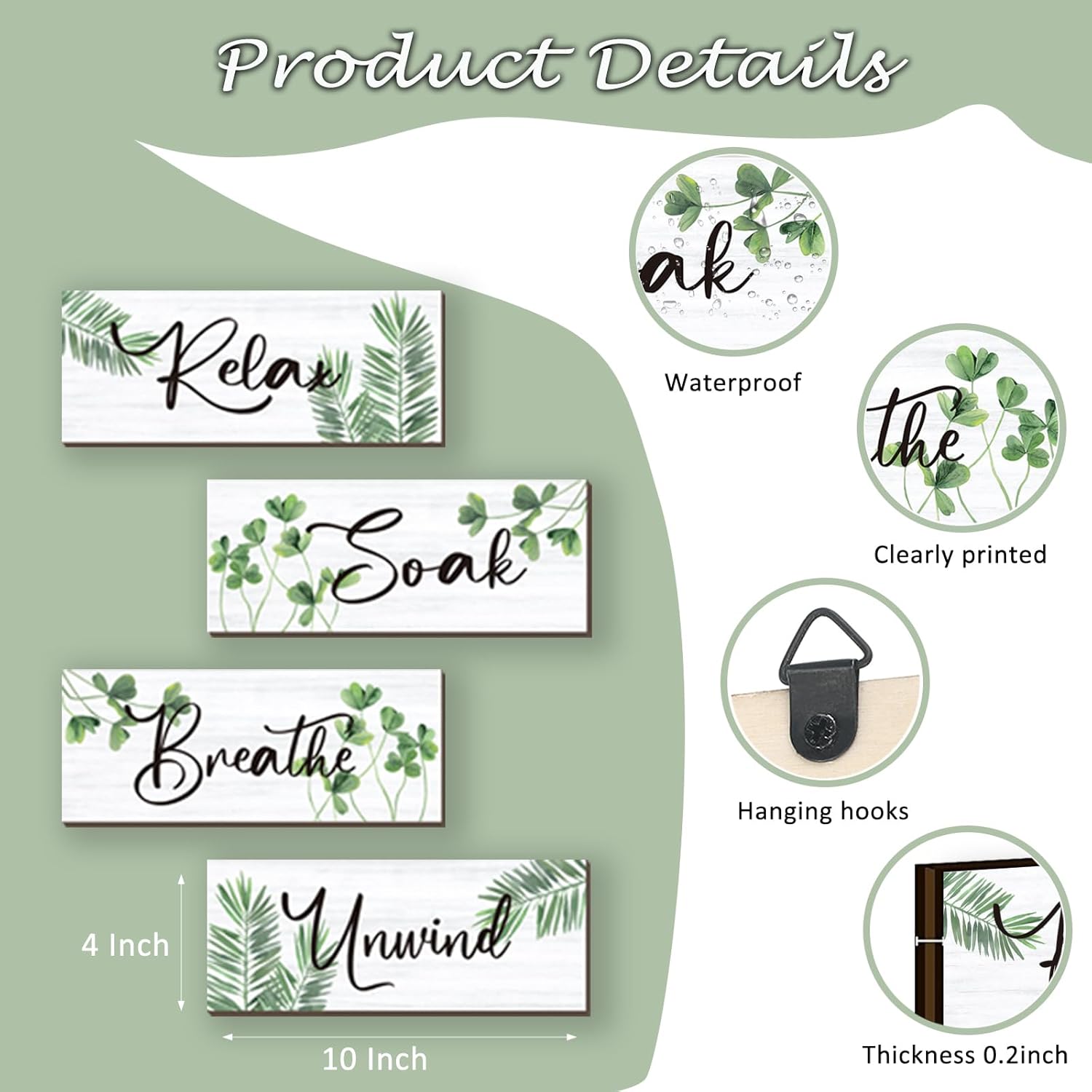 Skiennix Farmhouse Bathroom Wall Decor - Relax, Soak, Unwind Wooden Sign | Rustic Green Art 10x4 Inch