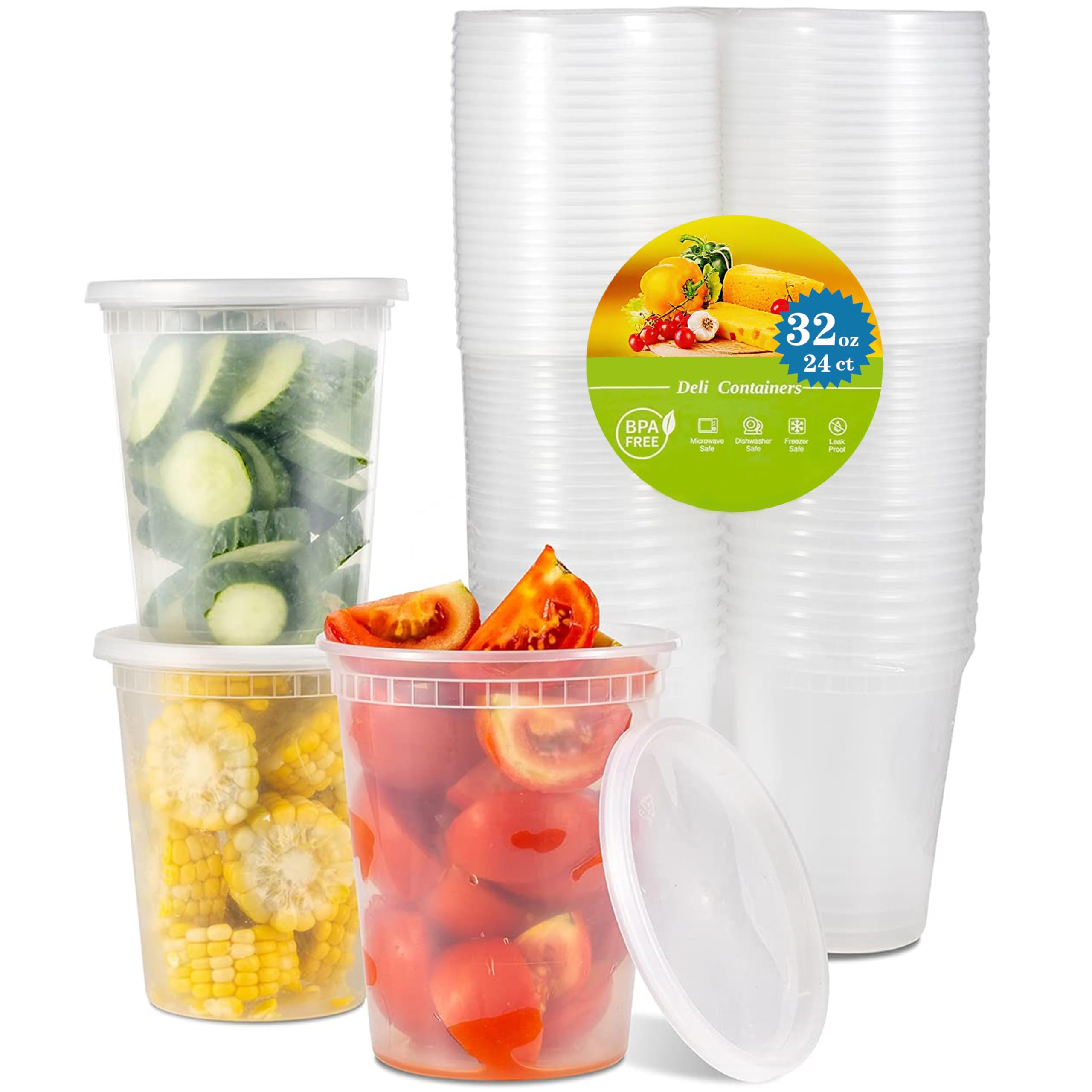 TashiBox 24 Sets 32 oz Plastic Deli Containers with Lids - Clear Airtight Food Storage & Meal Prep Containers, BPA Free, Stackable, Leakproof, Microwave & Freezer Safe