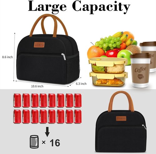 Coobiiya Insulated Lunch Box - Leakproof Reusable Tote Bag for Work & Travel | Compact 10L (Black)