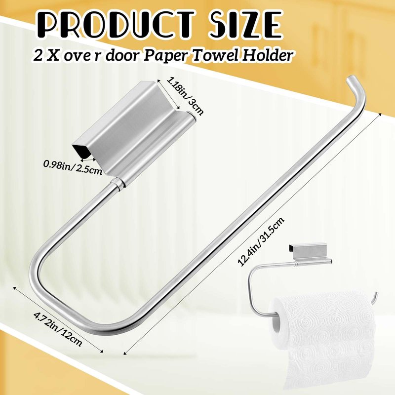 Yaocom 12.4 Inches Cabinet Door Paper Towel Holder Camper Under Sink No Drilling Paper Towel Storage and Dispenser for RV Kitchen Bathroom Laundry Room, Stainless Steel(Silver,2 Pcs)