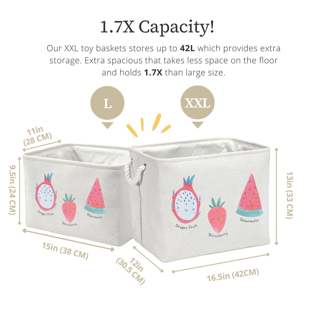 DECOMOMO Toy Storage Baskets for Shelves - 40L Kids Storage Bin for Nursery Décor, Baby, Laundry, Toys (Fruit Print, XXL - 3 Pack)