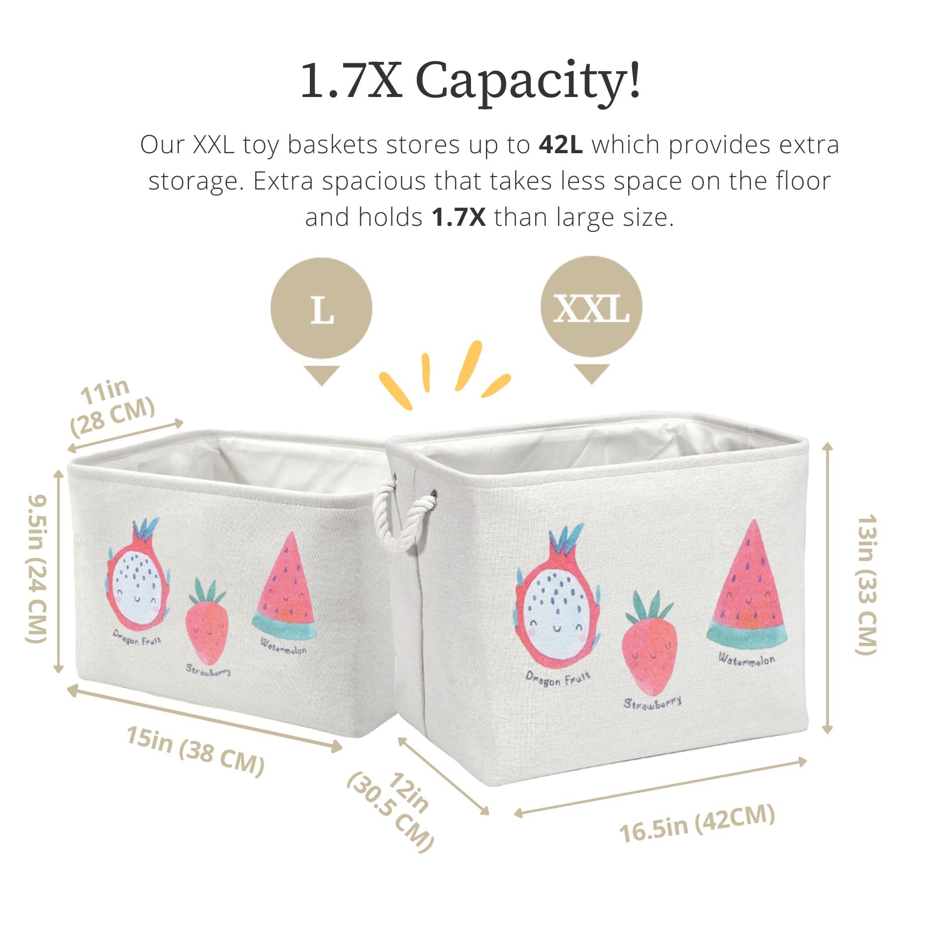 DECOMOMO Toy Storage Baskets for Shelves - 40L Kids Storage Bin for Nursery Décor, Baby, Laundry, Toys (Fruit Print, XXL - 3 Pack)