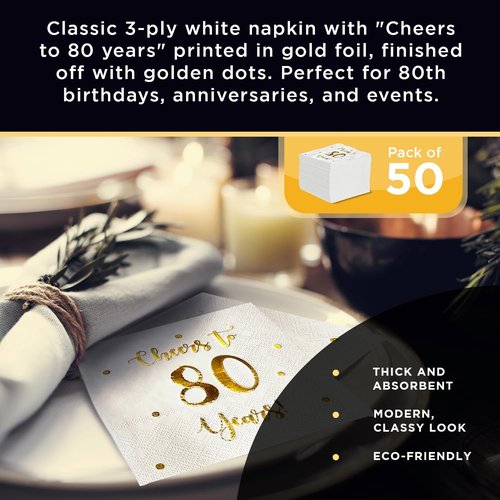Cheers to 80 Years Cocktail Napkins - 50-Pack 3-Ply White Napkins for 80th Birthday & Anniversary Celebrations | 5 x 5 Inch