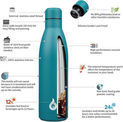 BJPKPK 25oz Insulated Stainless Steel Water Bottle - Reusable Travel Sports Bottle | Keeps Drinks Cold & Hot - Laguna Color