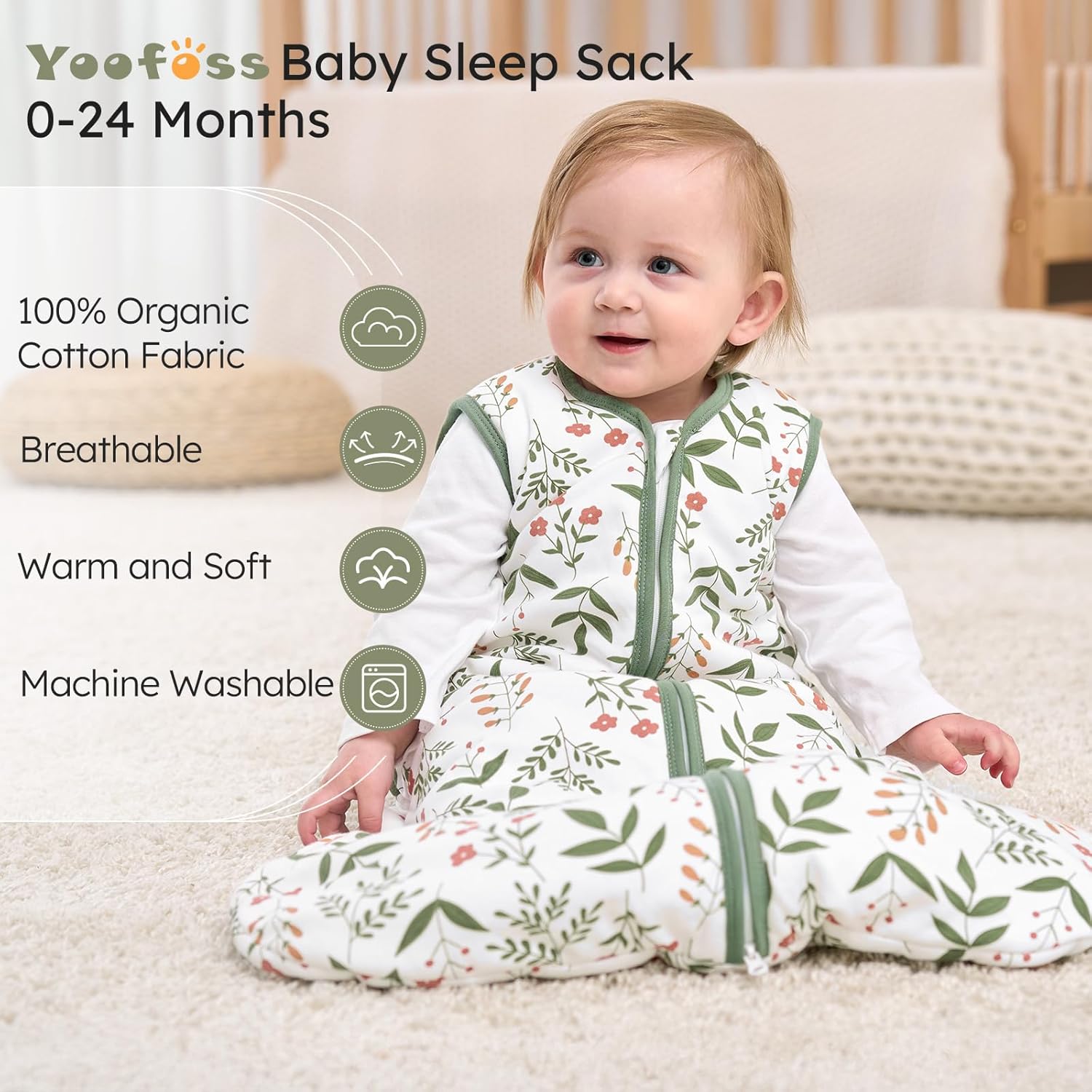 Yoofoss Baby Sleep Sack - 1.5 Tog Wearable Blanket for 6-12 Months | 100% Organic Cotton, 2-Way Zipper, Warm & Comfy