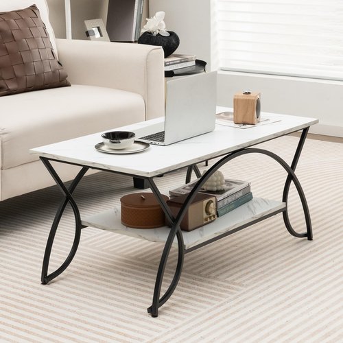COSTWAY 2-Tier Coffee Table, Modern Faux Marble Accent Table with Storage and Black Finished Metal Frame, Chic Rectangular End Table for Living Room Office Lounge (White+Black)