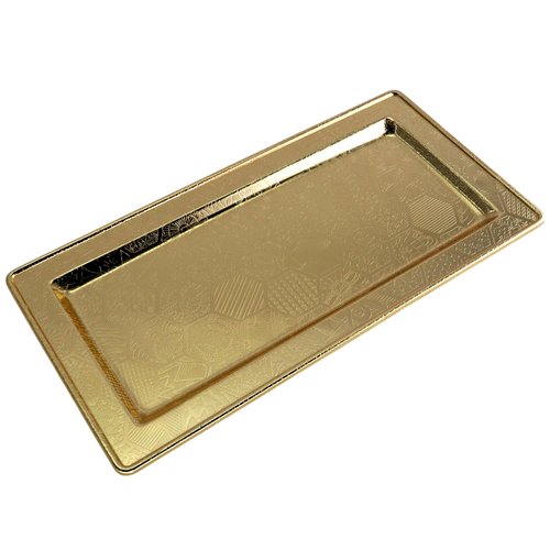 Maro Megastore 13.6 inch x 6.9 inch Rectangular Iron Gold Plated Serving Tray Floral Engraved Decorative Party Birthday Wedding Buffet Wine Candle Decor Platter Plate Base Dish FST-077