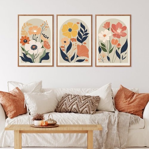 KAIRNE Boho Canvas Wall Art - Abstract Floral Prints Set of 3 (16”X24”) | Modern Minimalist Decor for Living Room & Bedroom
