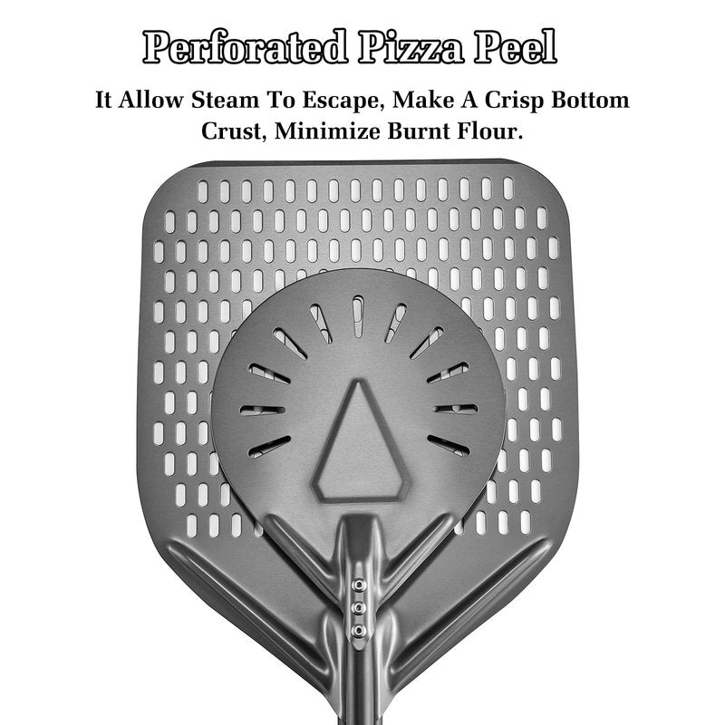 Newmeto 12 Inch + 9 Inch Perforated Pizza Peel Set, Pizza Turning Peel with Metal Handle, Pizza Spatula Paddle for Homemade Pizza Oven Accessories