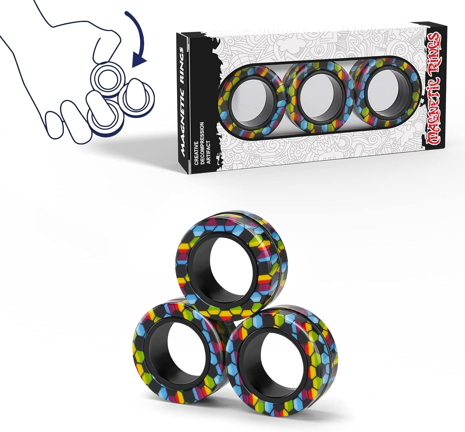 Skiennix Magnetic Fidget Rings Set - Anxiety Relief Therapy Toys | 3-Piece Spinner Pack for All Ages