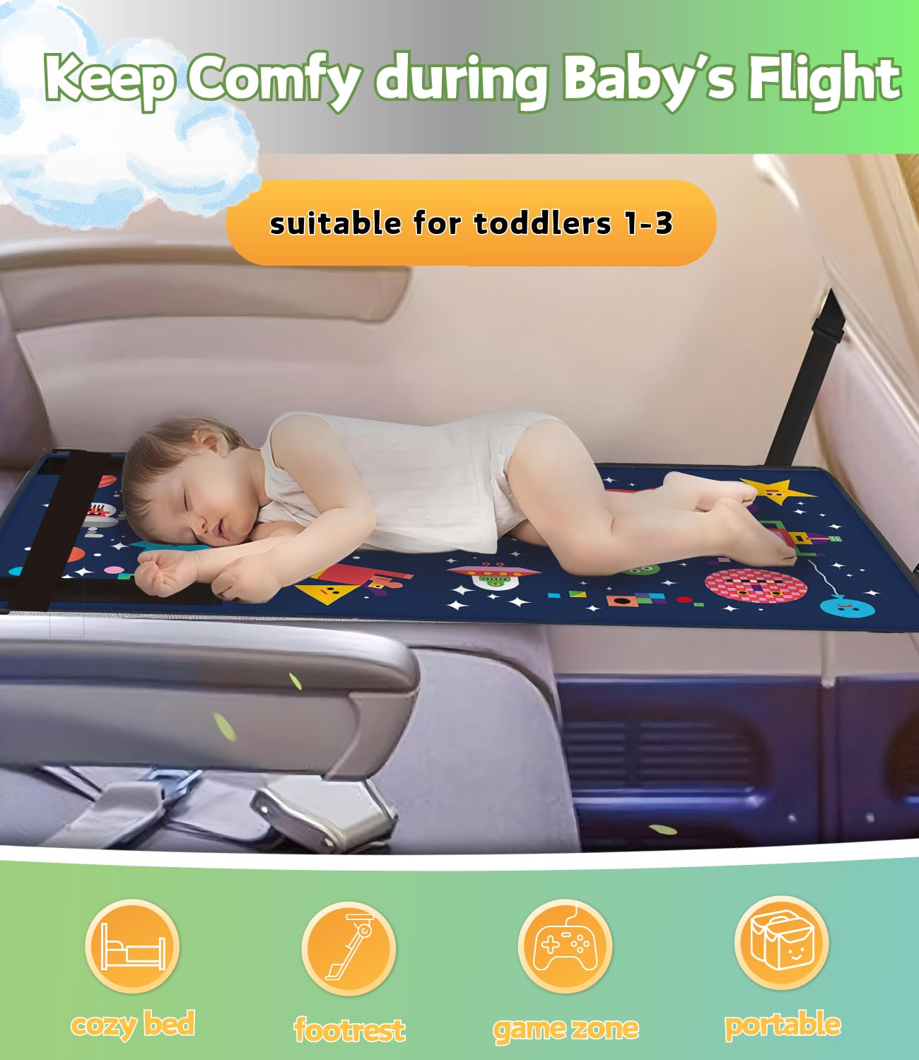 Toddler Airplane Bed for Toddler - 30×17in, Cute Cartoon Airplane Seat Extender for Kids, Portable Travel Bed for Airplane, Travel Essentials for Kids, Baby Travel Footrest for Plane Flying for 1-3