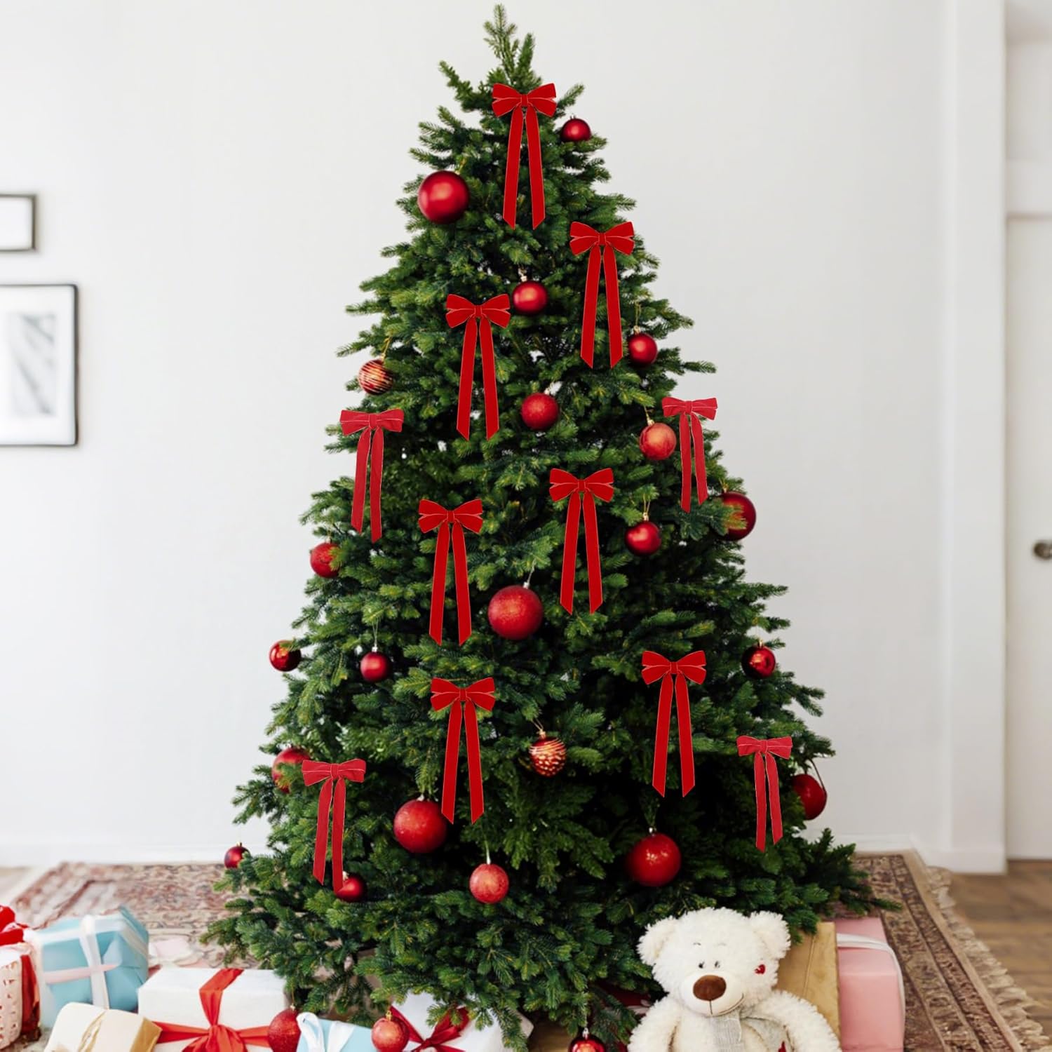 Red Velvet Ribbon Bows by [Brand Name] - 12 Pcs Christmas Tree Decorations | 5in x 10in Holiday Ornaments