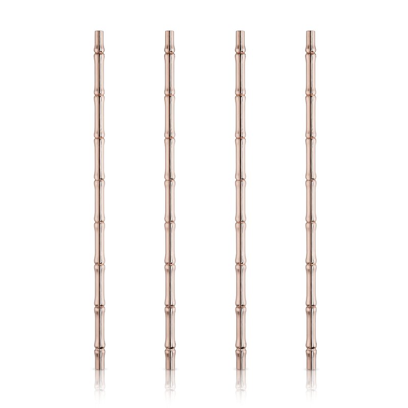 Viski Stainless Steel Cocktail Straws - Reusable Copper Bamboo Tiki Straws- Eco-Friendly Bamboo Finish Metal Drinking Sipper 9.5 Inch, Set of 4