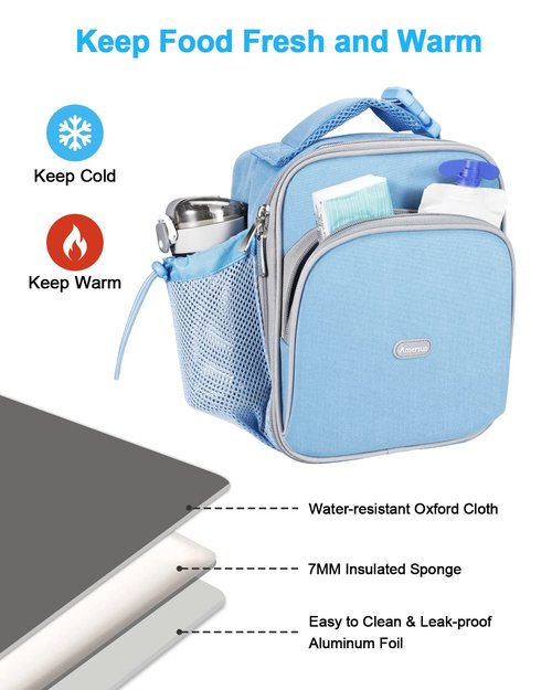 Amersun Kids Lunch Box with 8MM Insulated sponge & Water Bottle Holder, Keep Food Warm Cold School Lunch Bag for Kids Teen Girls Boys,Baby Blue