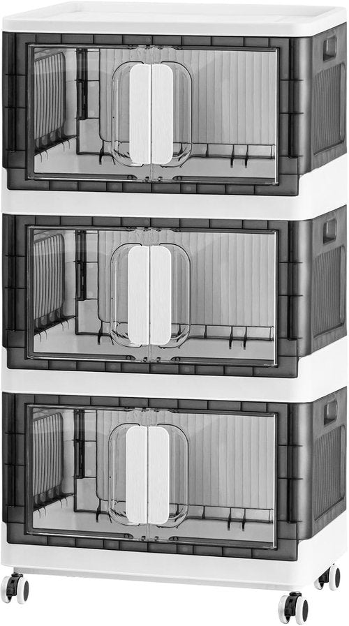 Folding Storage Organizer - Heavy-Duty Plastic Bin with Clear Door | Stackable Design, 3 Sizes (19.5/23.5/27.5in) in Black/White