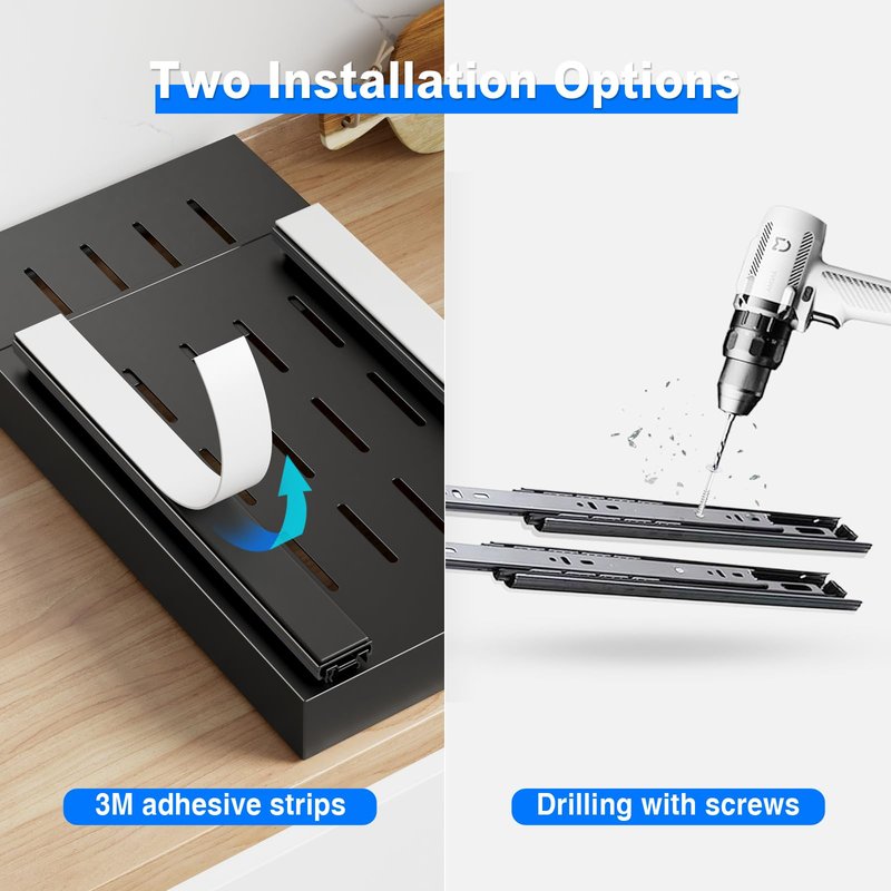 Mustorn 2 Pack Pull Out Cabinet Organizer,21.8" Deep Slide Out Drawer for Cabinets Adhesive Pull Out Drawers Heavy Duty Pull Out Shelves for Kitchen,Cupboard,Pantry,Bathroom-Black