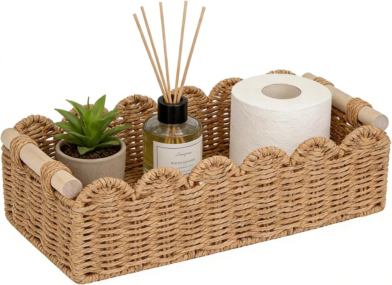 Skiennix Scalloped Edge Toilet Paper Storage Basket - Upgraded Paper Rope Design | Small Neutral Decor
