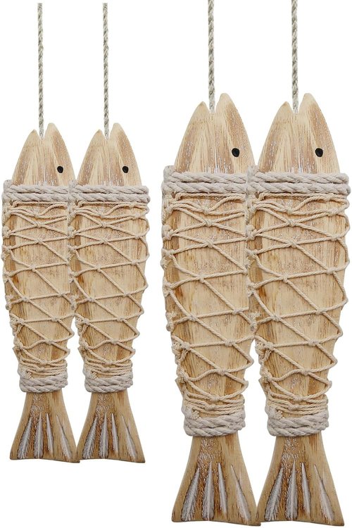 Antique Wood Fish Decor by [Brand Name] - Rustic Nautical Hand-Carved Wall Hanging Ornaments | 12.59" H & 7.8" H