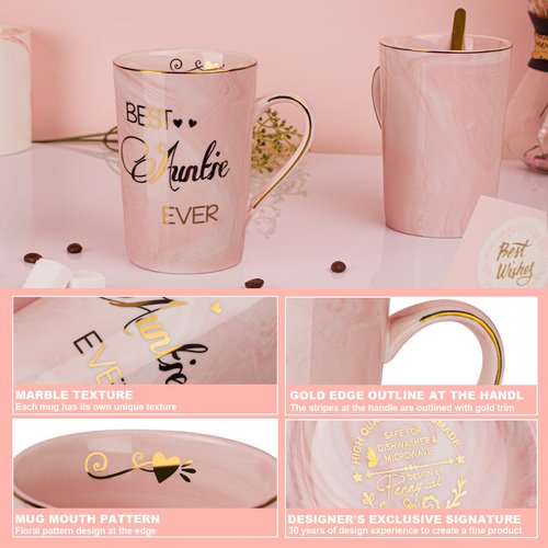 Doublewhale Aunt Gifts from Niece, Nephew - Best Aunt Ever Gift Mug - Happy Christmas Birthday Mothers Day Gifts for Auntie - Marble Ceramic Auntie Coffee Mug Gifts Box Printed Gold 14 Oz Pink