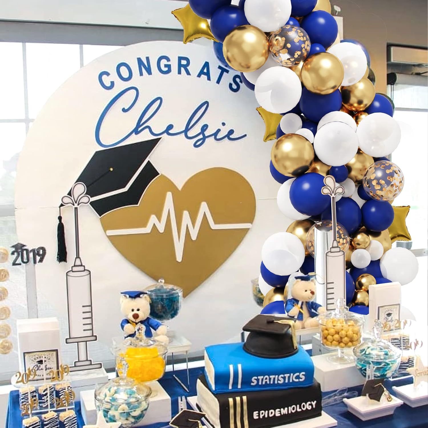 RUBFAC Royal Blue Gold Balloon Garland Arch Kit - Metallic & Star Foil Balloons for Graduation & Parties