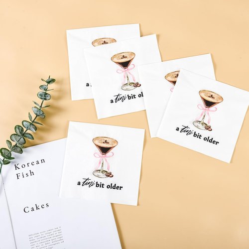 100Pcs Espresso Martini Party Napkins A Tini Bit Older Disposable Paper Napkins Martini Pink Bow Luncheon Cocktail Napkins for Martini Bachelorette Birthday Weenies and Tinies Party Supplies