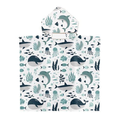 Irisbell Kids Hooded Beach Towel Cotton Blend Wearable Beach Towel with Hood for Kids Toddlers,Absorbent Soft Bath Towel Wrap Cartoon Swim Pool Bathrobe for Boys Girls (Sea Animals, 25.6'' x 29.5'')