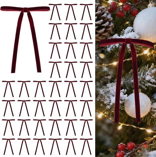 HEAEUNK 40 Pack Burgundy Velvet Christmas Tree Bows - Perfect for Holiday Decor & Gifts | 5"x7" Size