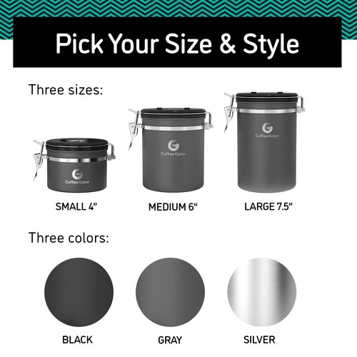 Coffee Gator Coffee Canister, Airtight Stainless Steel Kitchen Food Storage Container with Date Tracker, Scoop for Sugar, Grounds Coffee, Beans,Tea, Sugar, Cereal, Flour, Cookies Jars (Black, 11oz)