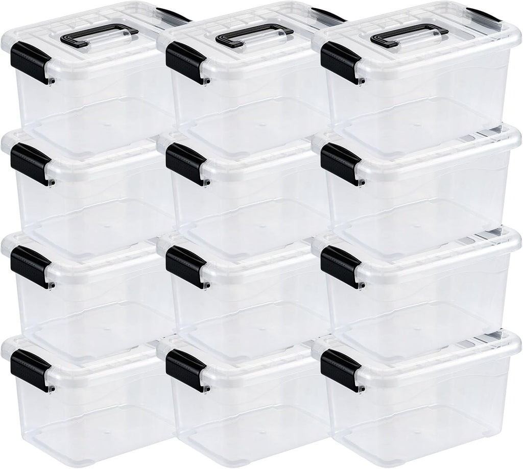 Nazhura Storage Bins - Stackable Plastic Containers with White Lids & Latching Buckles | Large 6QT, 12-Pack