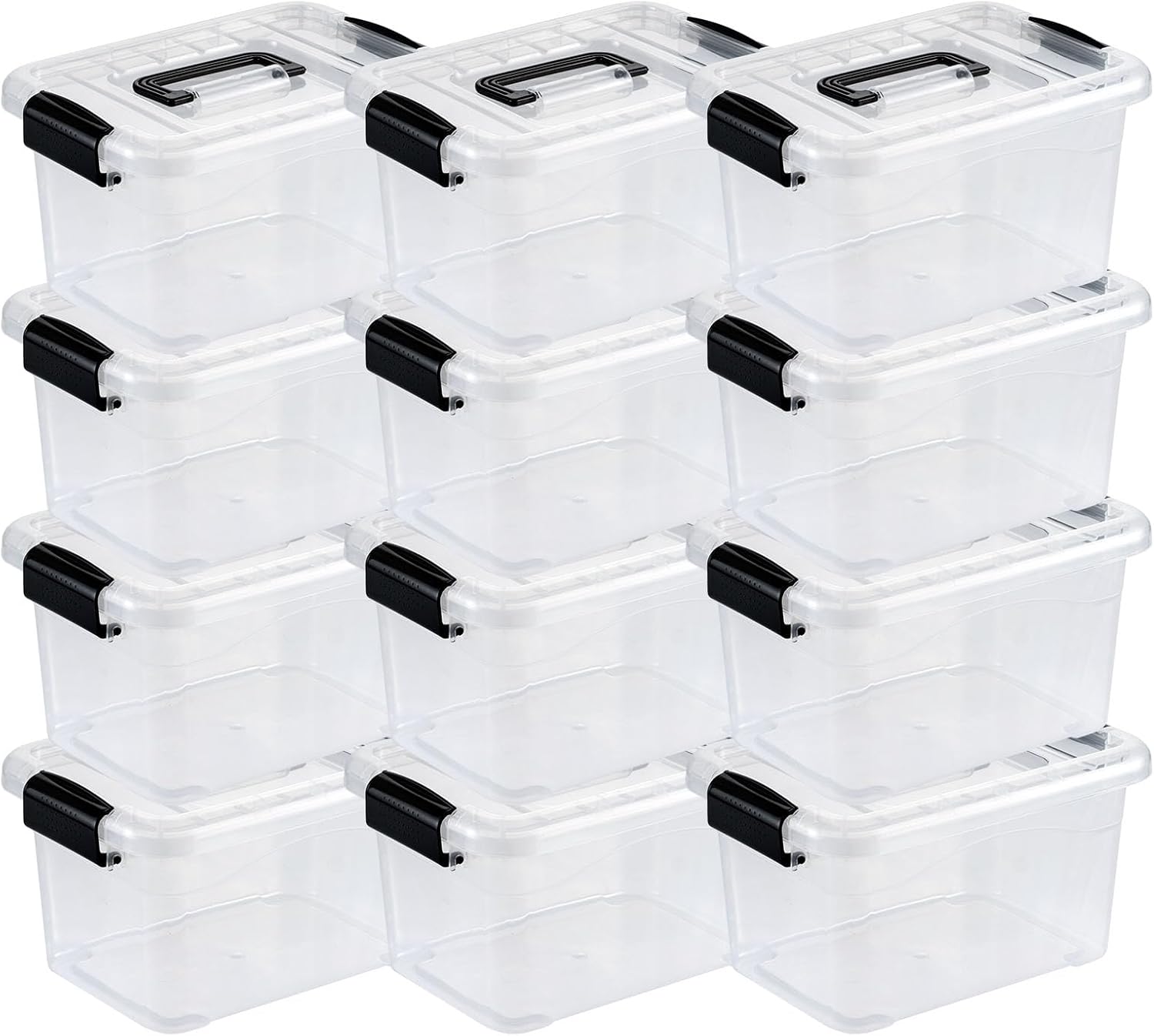 Nazhura Storage Bins - Stackable Plastic Containers with White Lids & Latching Buckles | Large 6QT, 12-Pack