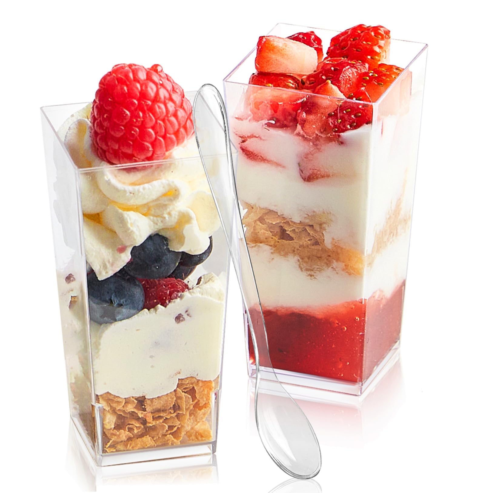Zezzxu 3 oz Square Mini Dessert Cups with Spoons - 50 Pack Plastic Pudding & Parfait Cups Party Dessert Shooters for Serving Trifle Mousse Cake Appetizers