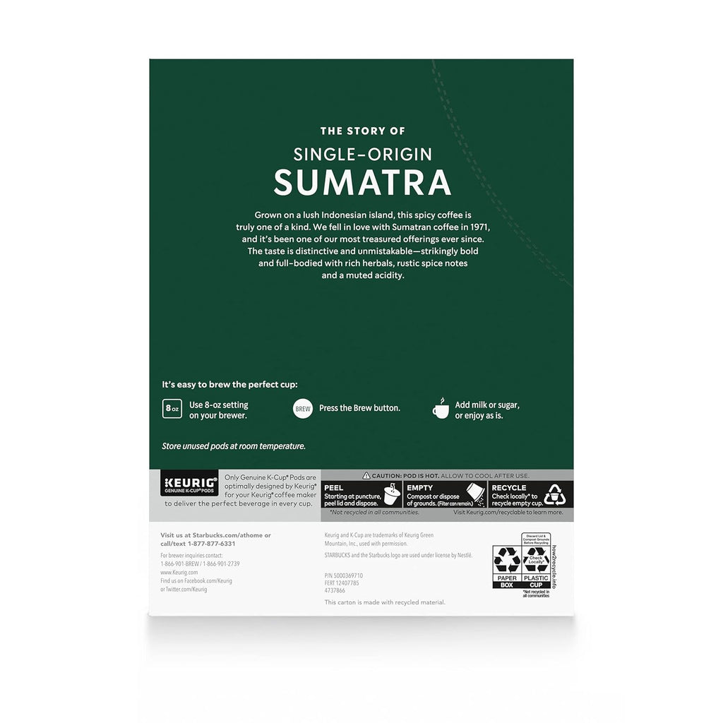 Starbucks K-Cup Coffee Pods - Dark Roast Sumatra, 100% Arabica, 96 Pods (4 Boxes)