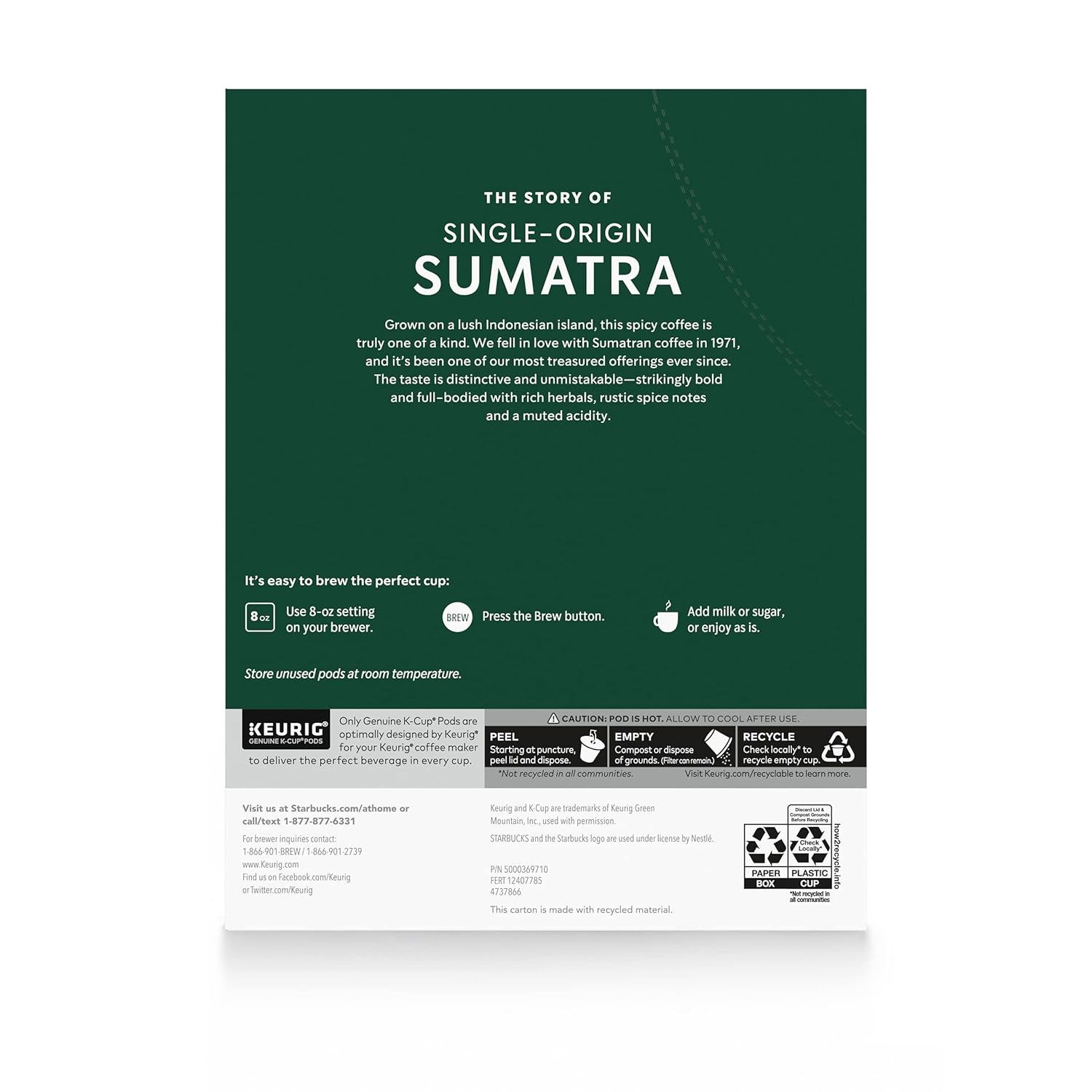 Starbucks K-Cup Coffee Pods - Dark Roast Sumatra, 100% Arabica, 96 Pods (4 Boxes)