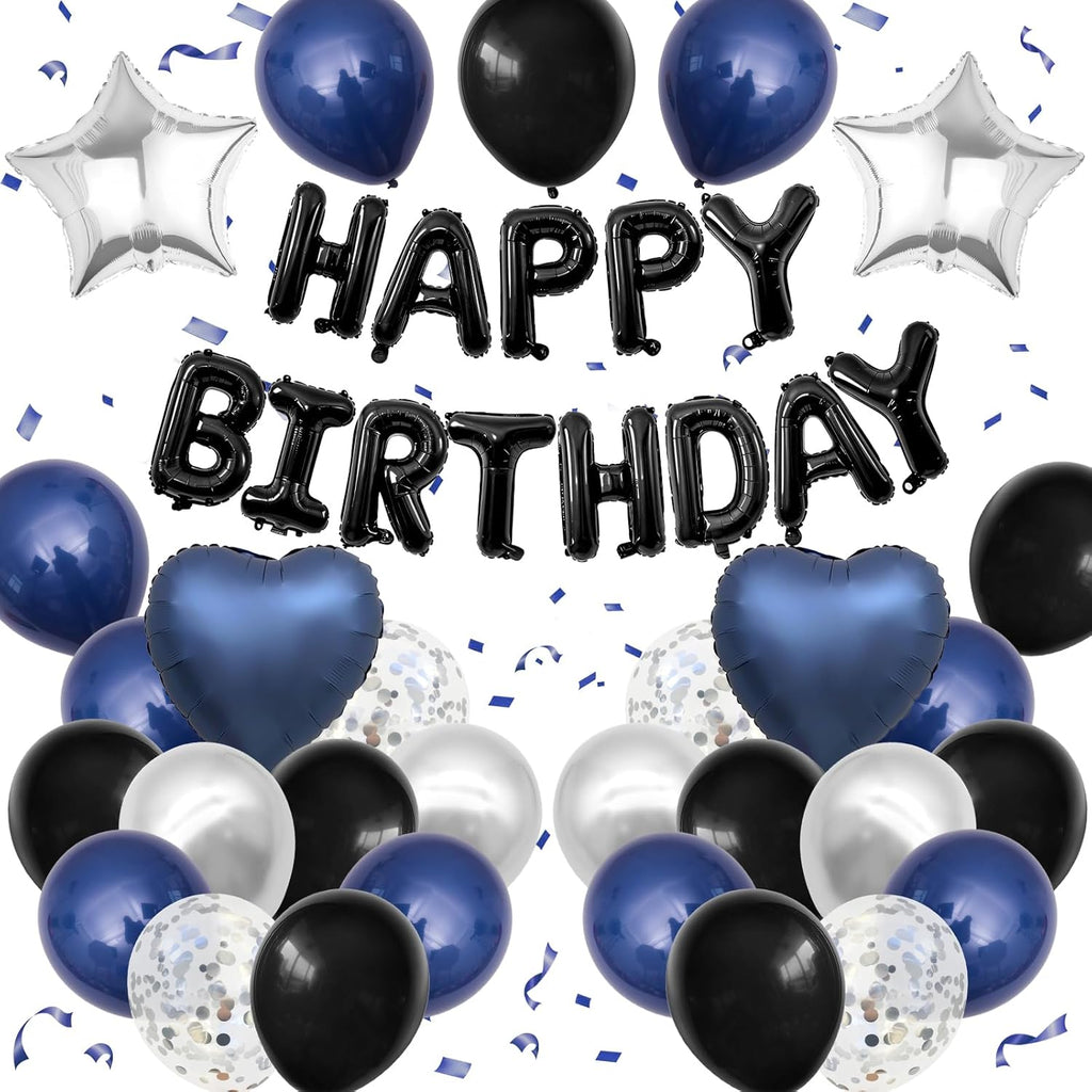 Skiennix Navy Blue & Black Birthday Decorations - Stylish Balloons & Banner Set for Men & Women
