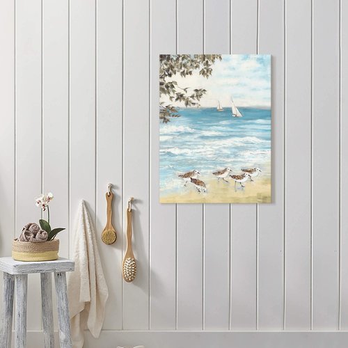 summer melody Beach Sandpiper Painting Wall Art: Coastal Sea Bird Canvas Abstract Ocean Artwork for Bedroom Seashore Seagull Picture Seaside Nature Prints Blue Seascape Art
