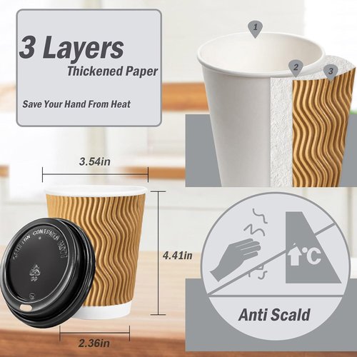 Lamosi 300 Pack - 5 oz Insulated Disposable Paper Coffee Cups with Lids, To Go Coffee Cups with Lids, Corrugated Ripple wall Cup for Hot Drink