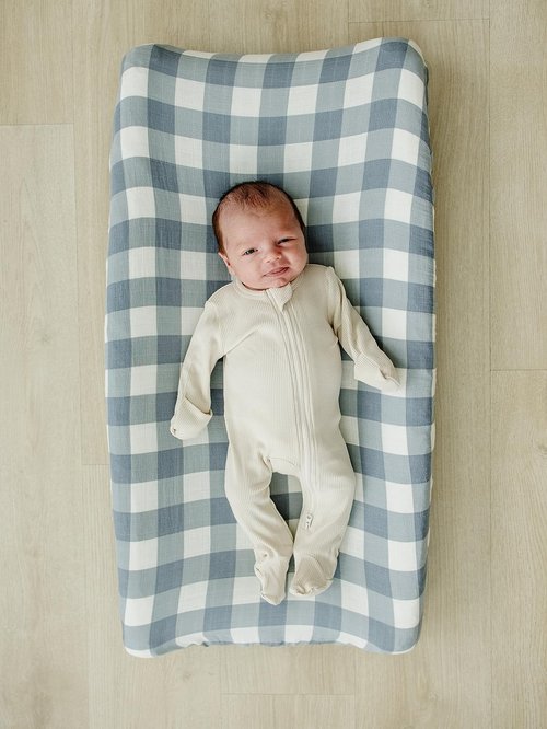 Mebie Baby Changing Pad Cover, Dusty Blue Gingham, 100% Muslin Cotton Changing Table Pad Cover for Boy and Girl, Designer Nursery Decor Covers, Diaper Changing Pad Cover for Changing Station