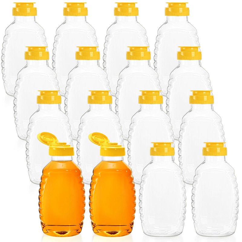 Bekith 16 Pack Plastic Empty Honey Bottle, 12 Fluid Oz Honey Squeeze Bottle with Leak Proof Flip-top Caps, Refillable Food Grade Honey Container for Storing and Dispensing