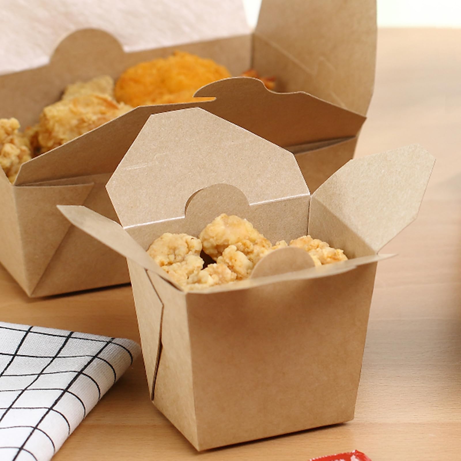 NROZIET 100 Pack 8oz Chinese Take Out Boxes, Small Kraft Paperboard To Go Food Containers, Leakproof Greaseproof Stackable Mini Food Pails for Restaurants Event Parties, Microwaveable