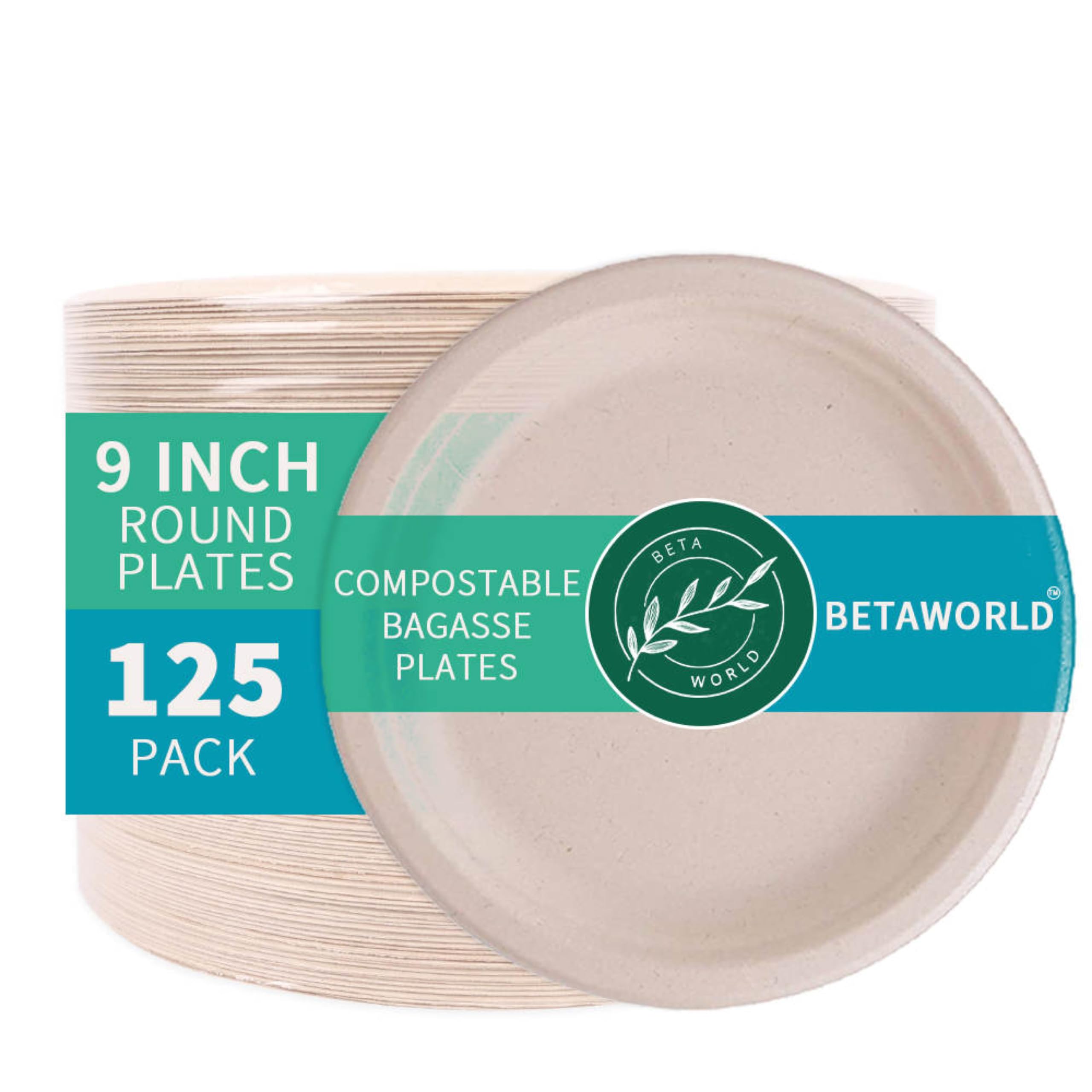BETAWORLD Compostable Paper Plates 9” – 125 Pack | Heavy Duty Sugarcane Bagasse | Microwave & Leak Proof | Eco-Friendly Disposable Dinner Plates for Party, Wedding, Picnic