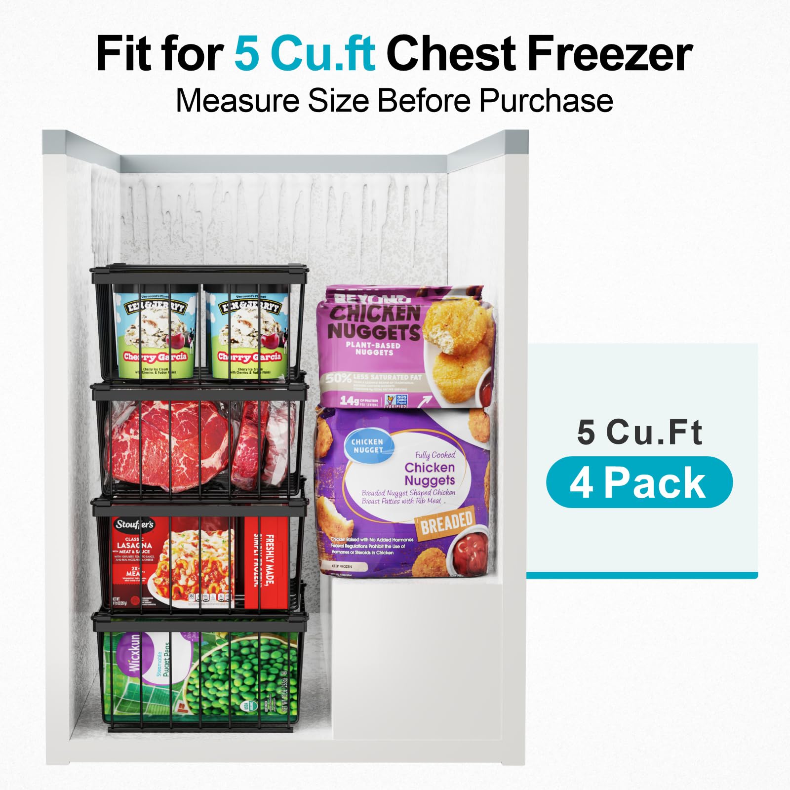 iSPECLE Deep Freezer Organizer, 8 Pack Wire Baskets for 5 Cu.Ft Chest Freezer & Upright Freezers (Over 8.5 Cu.Ft), 14" x 9.4" Stackable Heavy Duty Storage Bins Easy Access to Sort Meat, Black